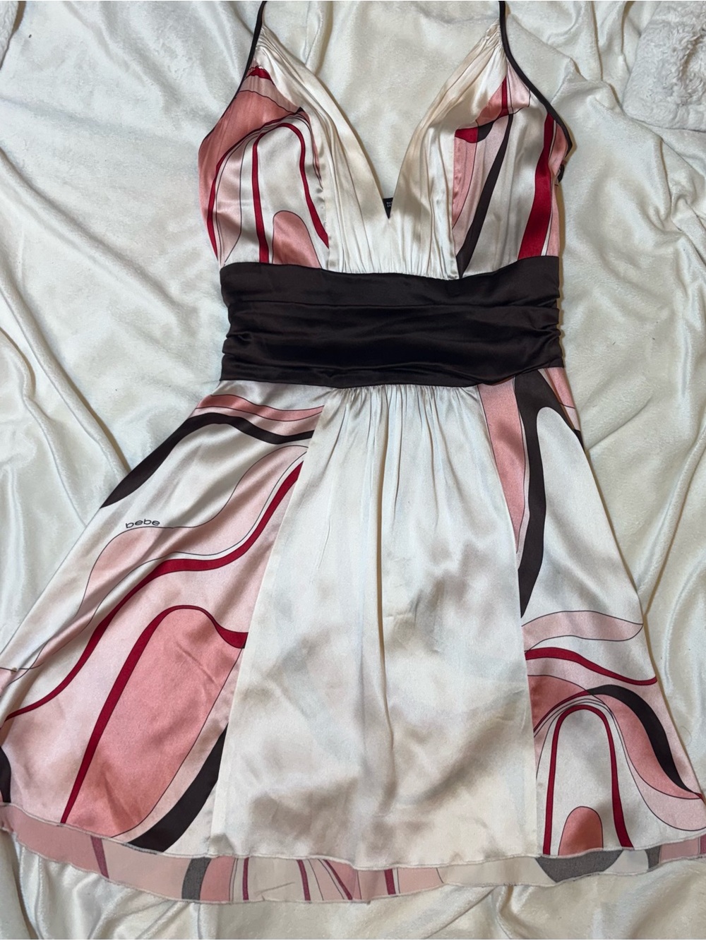 Vintage Bebe Pink & Ivory Satin Print V-Neck Dress